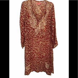 Alka Vora Women’s 100% Silk Embroidered Long Sleeve Red Coverup Size S/M
